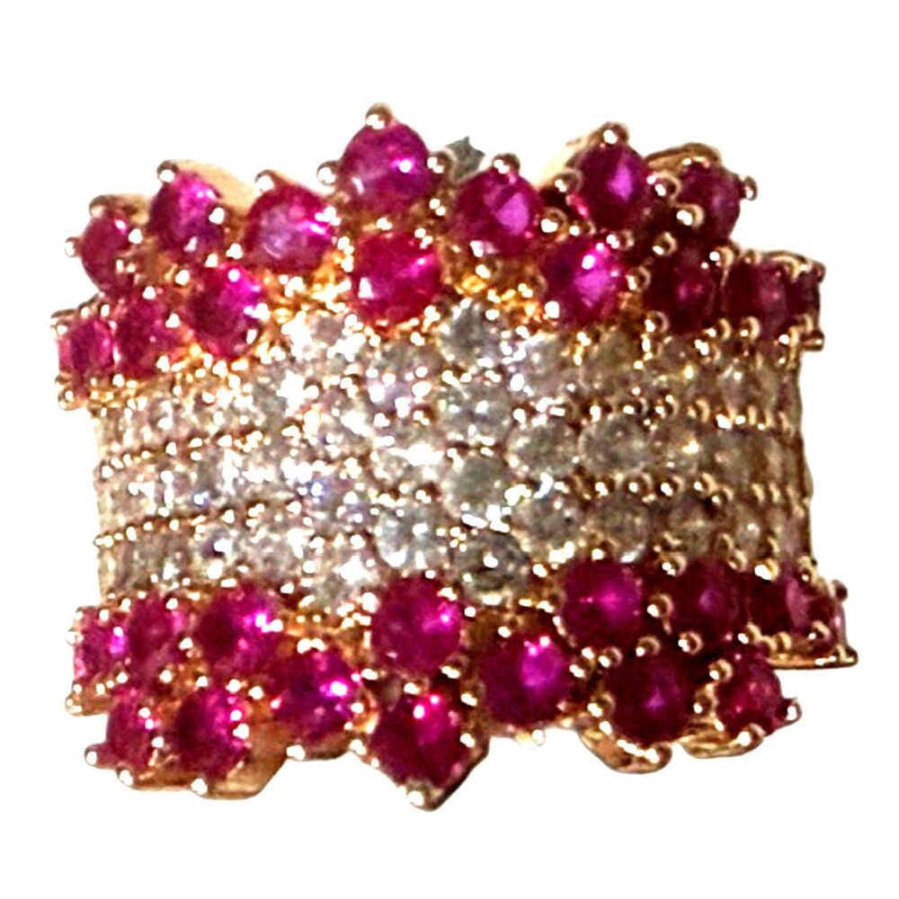 Gold Tone Pink CZ Statement Ring Size 7.5 Wide Band Cocktail Lace Ring